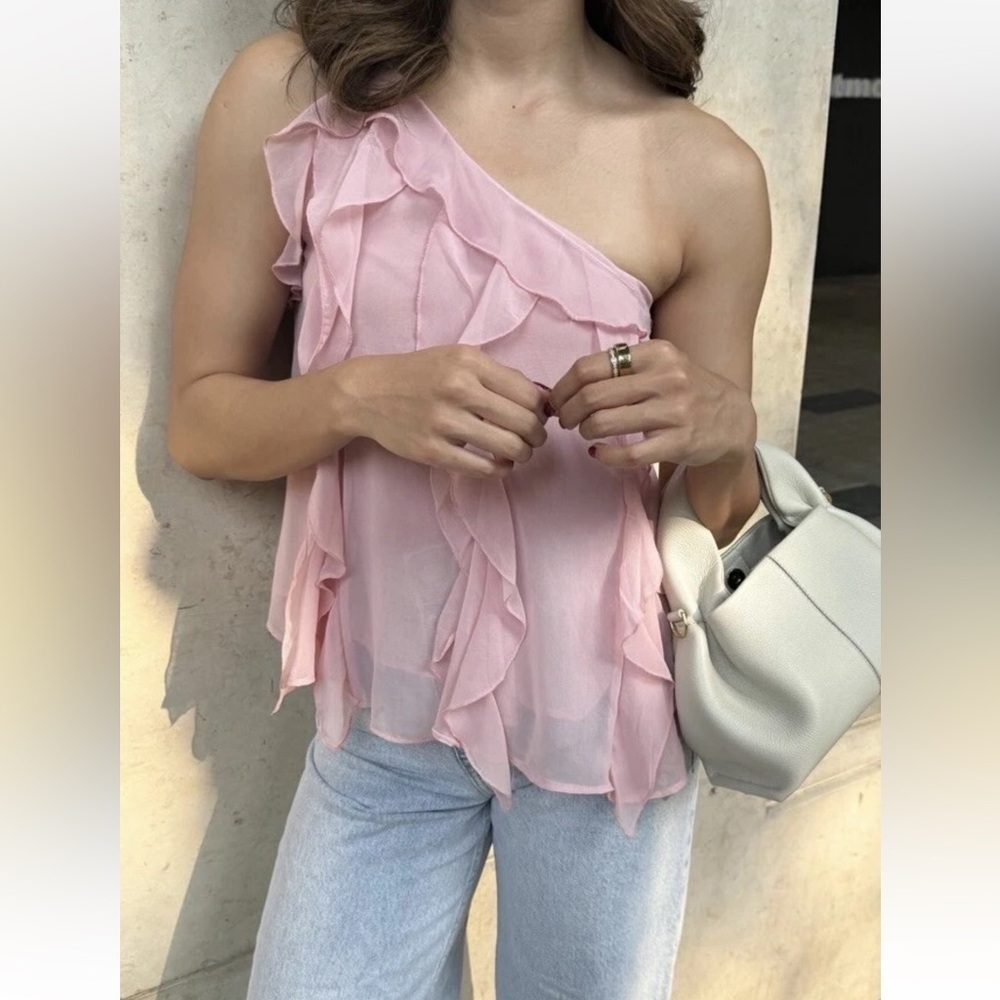 Zara Pink Ruffled One-Shoulder Top - Picture 2 of 6